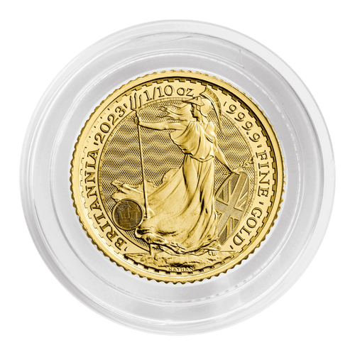 1/10 oz Gold Britannia QEII Coin 2023 — reverse, in capsule