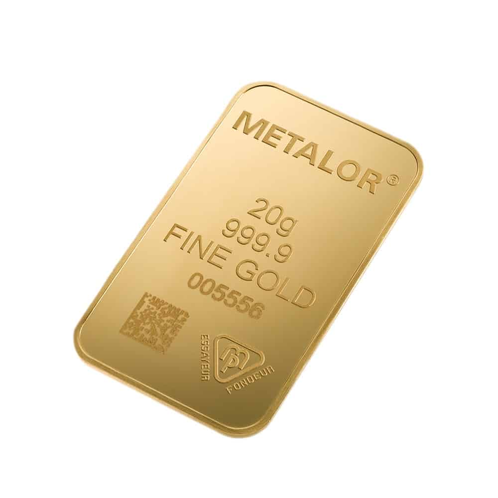 Metalor 20 Grams Gold Bar — angled view