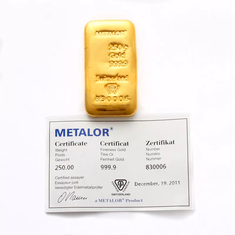 Metalor 250 Grams Gold Bar — with assay certificate