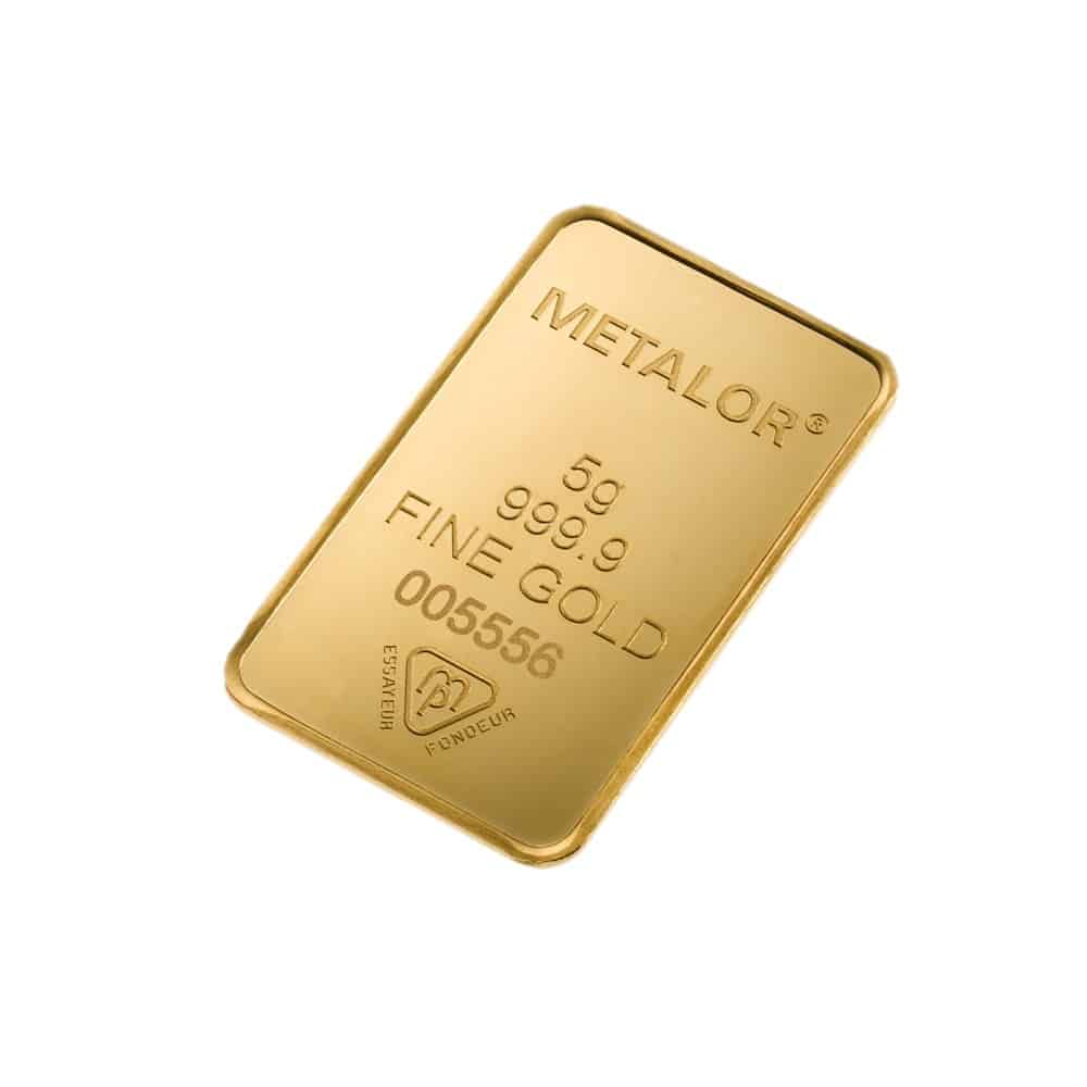 Metalor 5 Grams Gold Bar — angled view