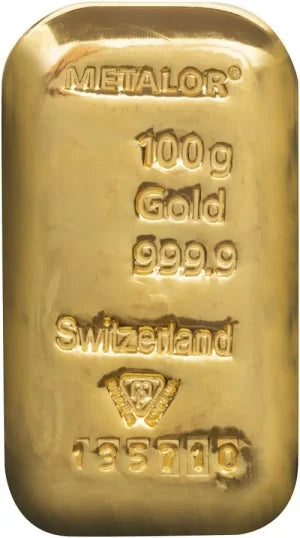 100 Grams Gold Bar (Best Value) — Metalor cast bar, obverse